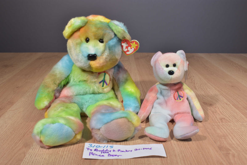 Ty Beanie Buddy 1999 and Baby 1996 Peace Bear Beanbag Plush