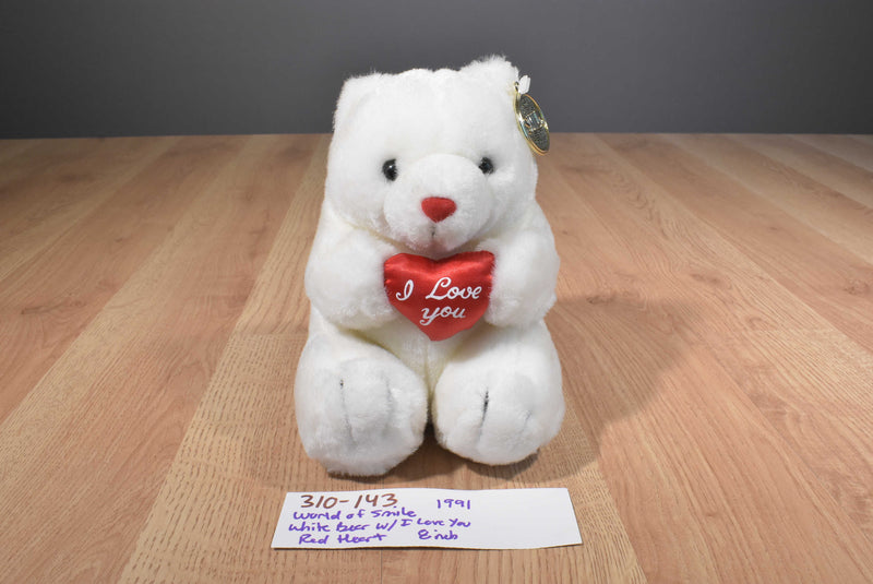 World of Smile White Bear With Red Heart Pillow 1991 Plush