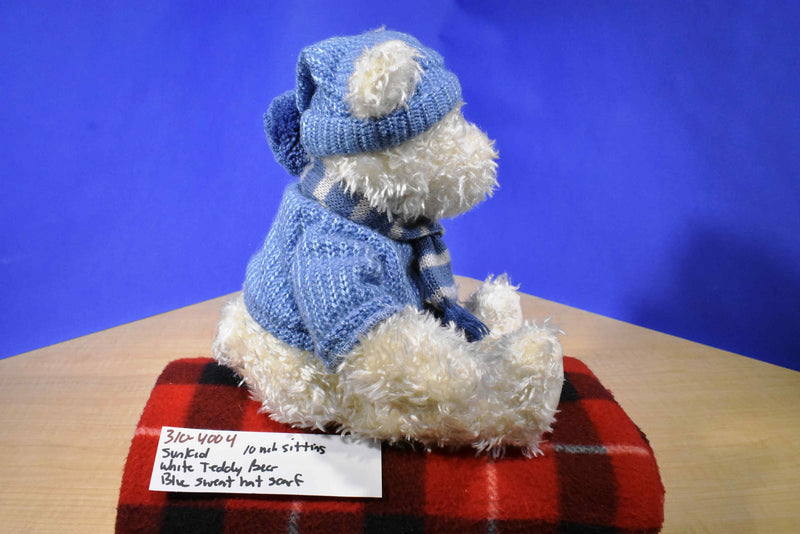 Sunkid White Teddy Bear Blue Sweater Hat Scarf Plush
