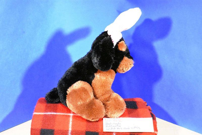 Best Made Toys Black Tan Rottweiler Puppy Plush in Pink Bunny Rabbit Ears