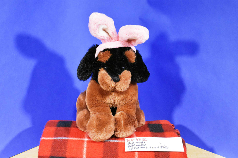 Best Made Toys Black Tan Rottweiler Puppy in Pink Bunny Rabbit Ears Plush