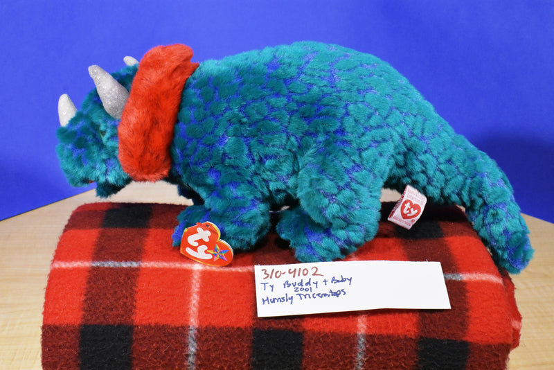 Ty Beanie Buddy 2001 and Baby 2000 Hornsly Green and Red Triceratops Beanbag Plush