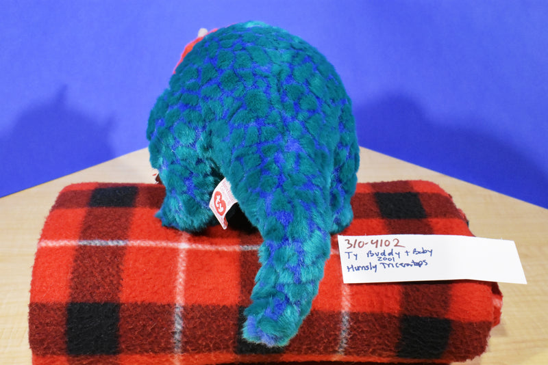 Ty Beanie Buddy 2001 and Baby 2000 Hornsly Green and Red Triceratops Beanbag Plush