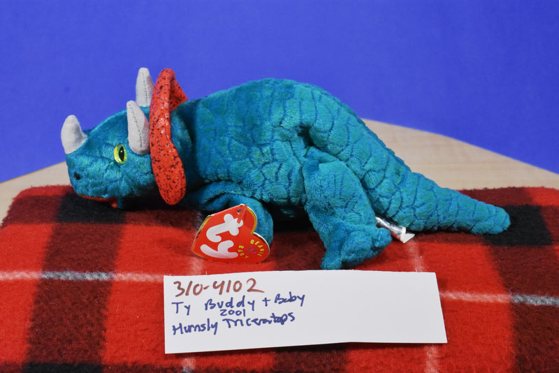 Ty Beanie Buddy 2001 and Baby 2000 Hornsly Green and Red Triceratops Beanbag Plush