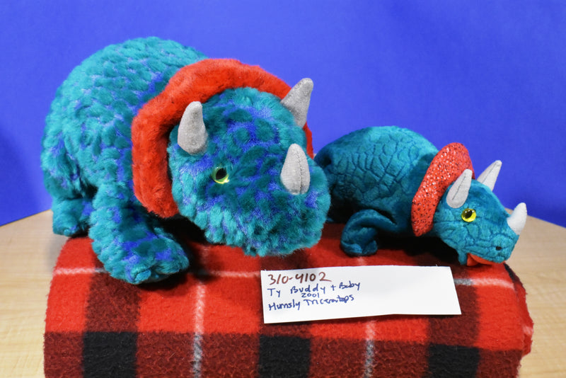 Ty Beanie Buddy 2001 and Baby 2000 Hornsly Green and Red Triceratops Beanbag Plush