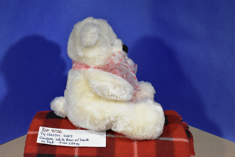 Ty Classic Caressa White Bear With Red Heart Feet 2005 Beanbag Plush