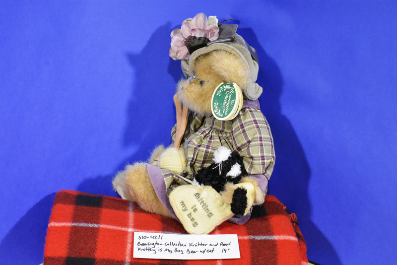 Bearington Collection Knitter and Pearl Knitting is My Bag Bear with Cat Beanbag Plush