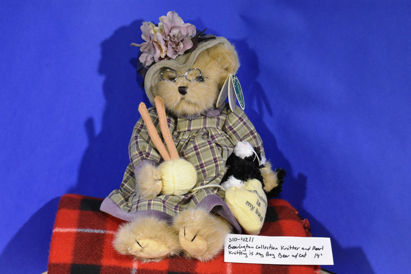 Bearington Collection Knitter and Pearl Knitting is My Bag Bear with Cat Beanbag Plush