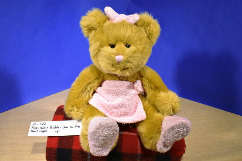 Russ Berrie Tan Teddy Bear Bubbles in Pink Bath Towel Beanbag Plush