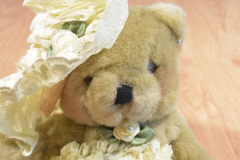 Handmade Tan Teddy Bear Yellow Lace Dress Roses Beanbag Plush