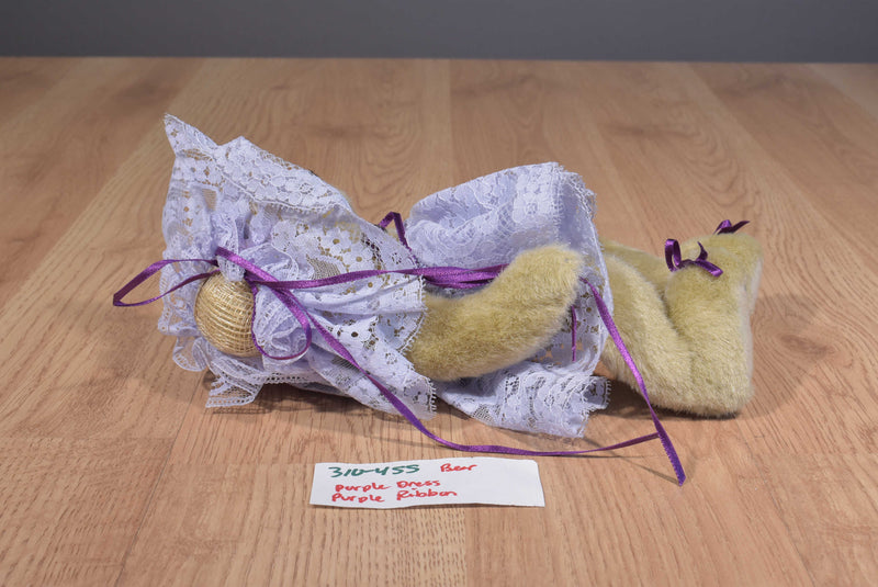 Handmade Tan Teddy Bear Purple Lace Dress Rhinestones Beanbag Plush