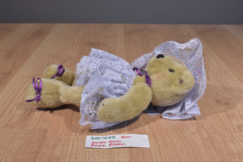 Handmade Tan Teddy Bear Purple Lace Dress Rhinestones Beanbag Plush