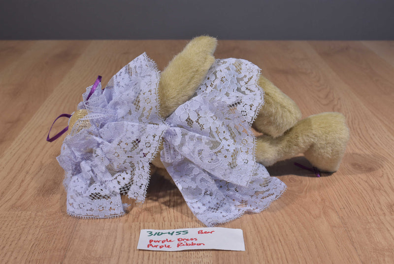 Handmade Tan Teddy Bear Purple Lace Dress Rhinestones Beanbag Plush