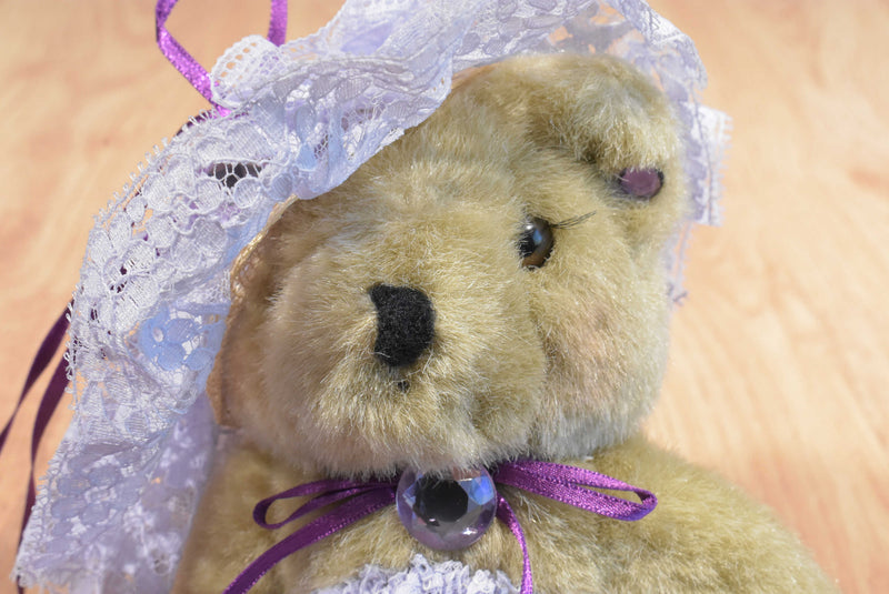 Handmade Tan Teddy Bear Purple Lace Dress Rhinestones Beanbag Plush