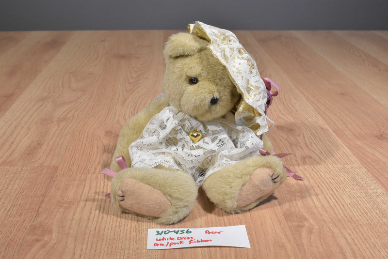 Handmade Tan Teddy Bear White Gold Lace Dress Pearls Beanbag Plush