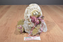 Handmade Tan Teddy Bear White Gold Lace Dress Pearls Beanbag Plush