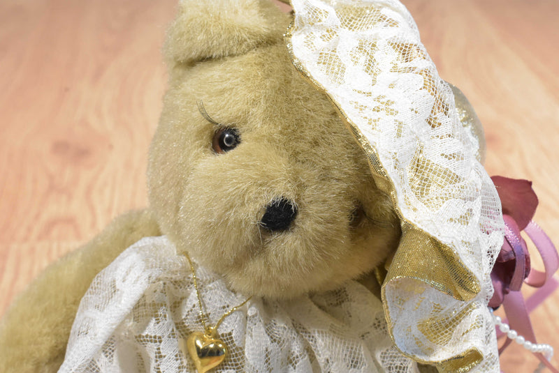 Handmade Tan Teddy Bear White Gold Lace Dress Pearls Beanbag Plush