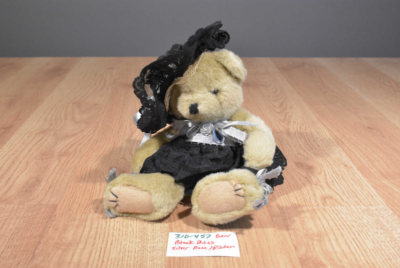 Handmade Tan Teddy Bear Black Lace Dress Rhinestones Beanbag Plush