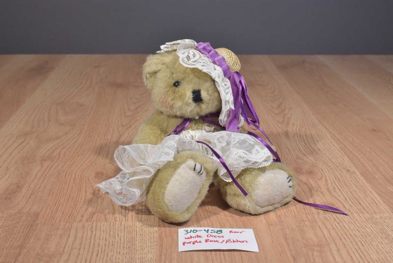 Handmade Tan Teddy Bear White Lace Dress Purple Ribbon Beanbag Plush