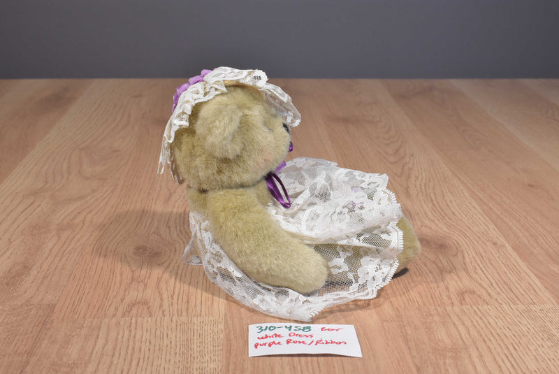 Handmade Tan Teddy Bear White Lace Dress Purple Ribbon Beanbag Plush