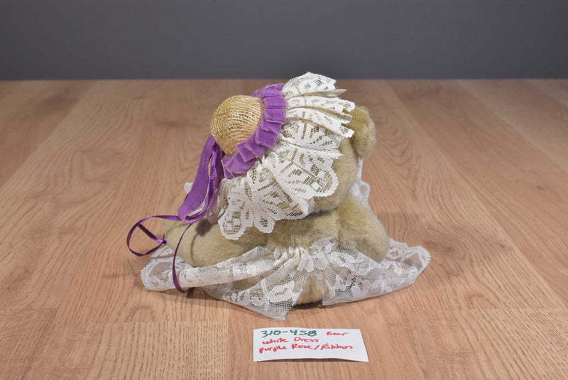 Handmade Tan Teddy Bear White Lace Dress Purple Ribbon Beanbag Plush