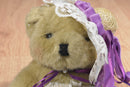 Handmade Tan Teddy Bear White Lace Dress Purple Ribbon Beanbag Plush