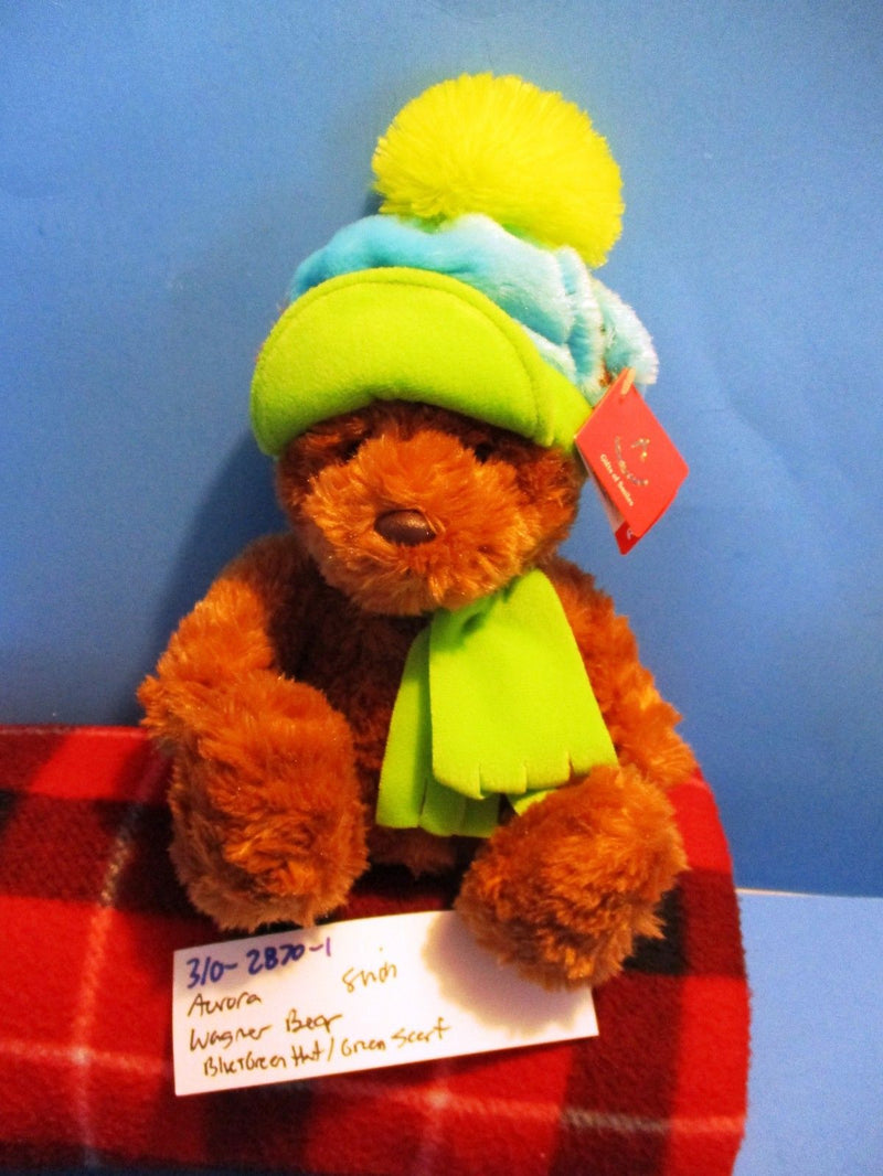 Russ Wagner Brown Teddy Bear Blue Green Hat and Scarf Beanbag Plush