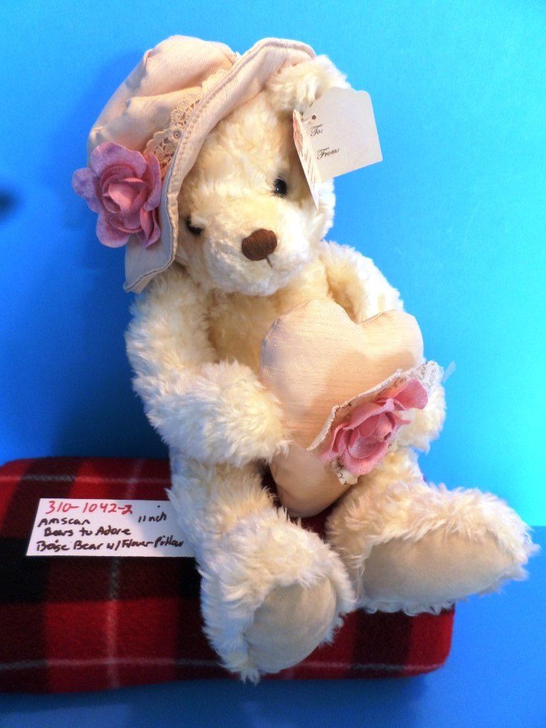 AMSCAN Bears to Adore Tan Bear in Rose Hat and Heart Pillow Plush