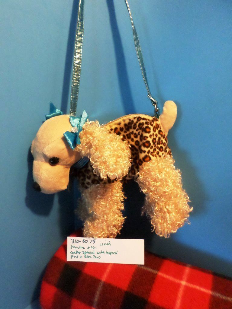 Poochie and Co. Cocker Spaniel Leopard Print Blue Bows Plush Bag Purse