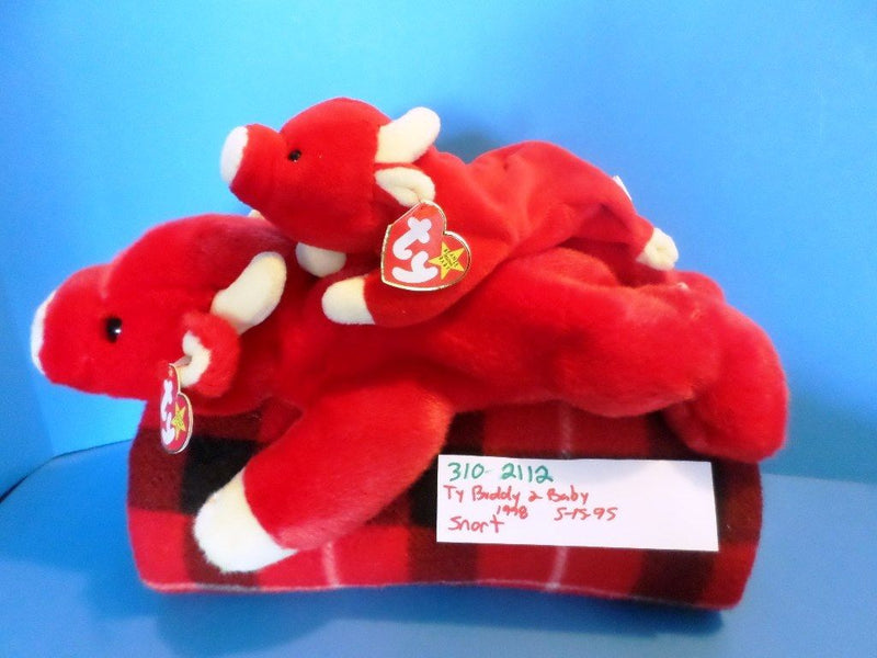 Ty Beanie Buddy 1998 and Baby 1995 Snort Red Bull Beanbag Plushes