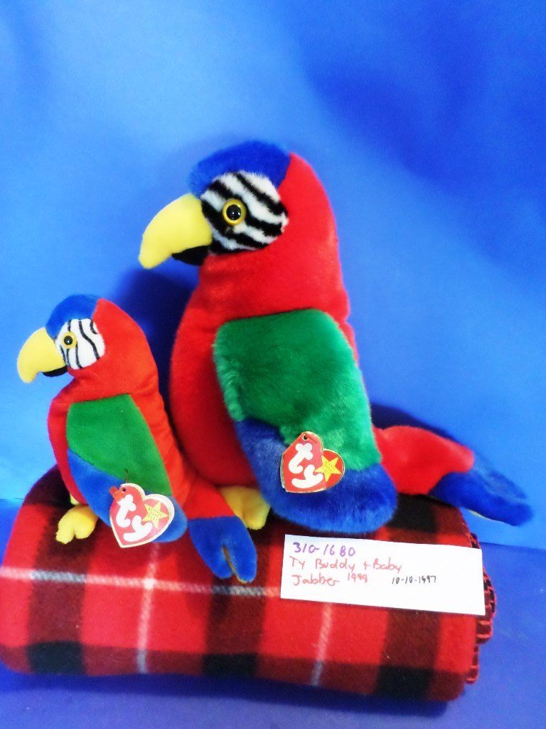 Ty Beanie Buddy 1999 and Baby 1997 Jabber Parrot Beanbag Plushes