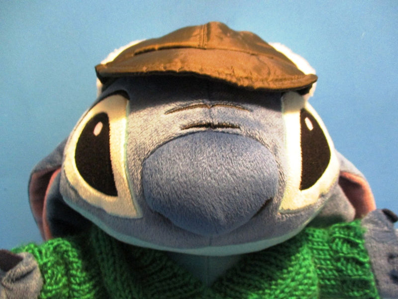 Disney Store Stitch Green Knit Snowflake Sweater and Brown Bombers Hat Plush