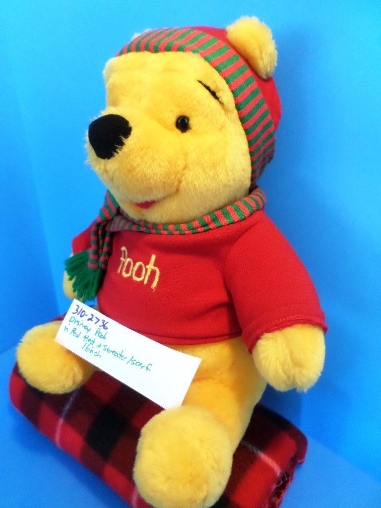 Mattel Disney Pooh in Red and Green Scarf and Hat Plush