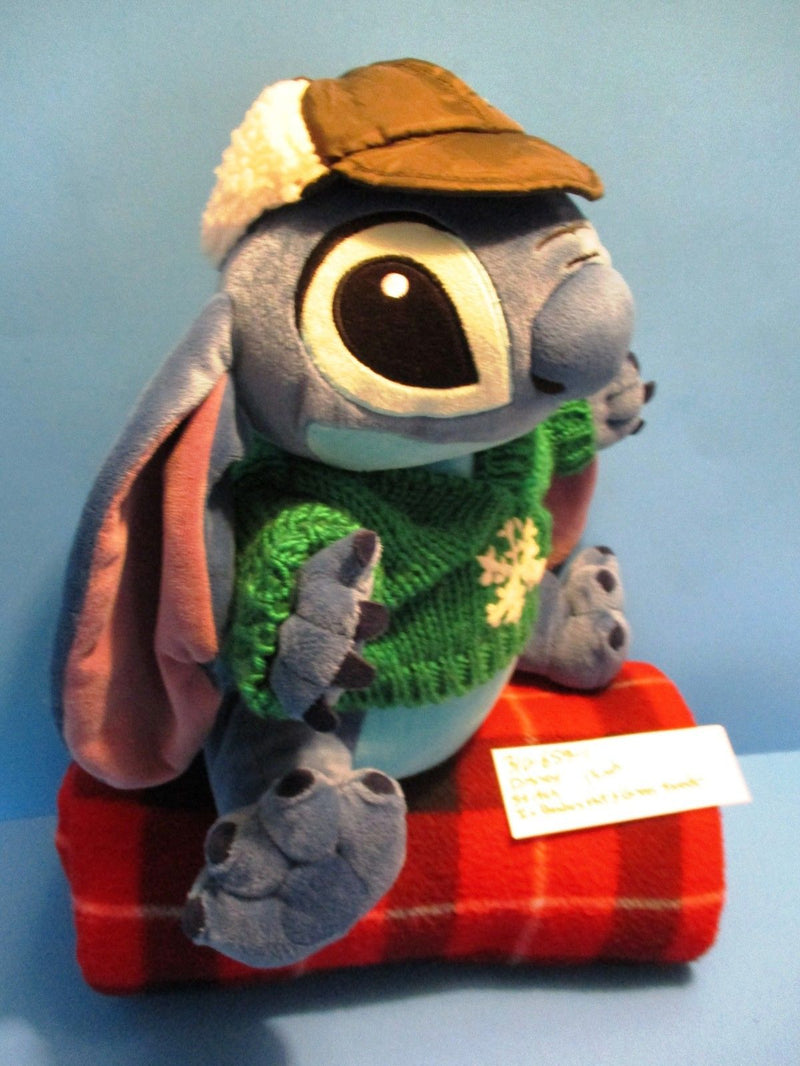 Disney Store Stitch Green Knit Snowflake Sweater and Brown Bombers Hat Plush